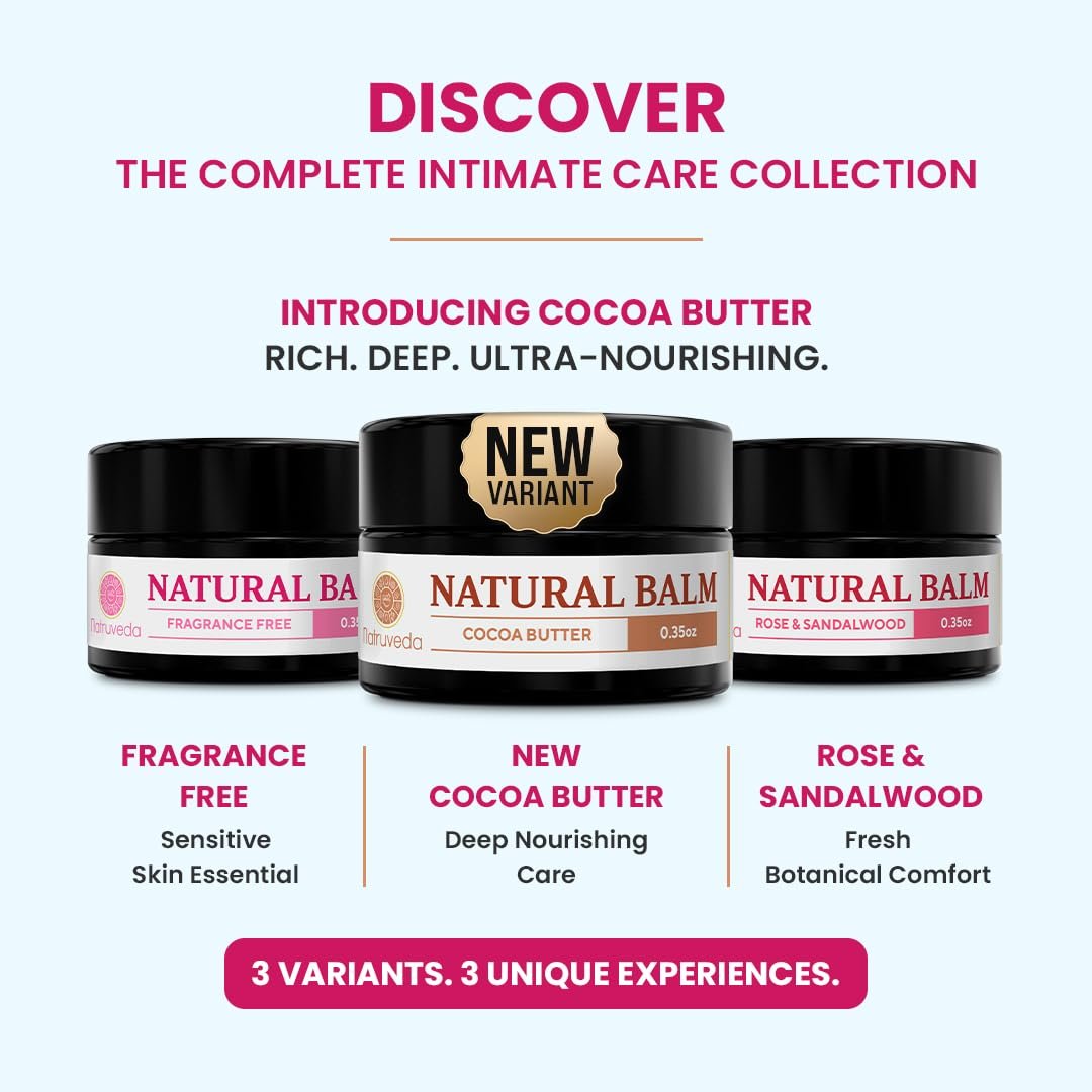 Natruveda Vulva Balm Discovery Pack – Duftfrei, Kakao & Rosen-Sandelholz | Feuchtigkeitscreme für Trockenheit, Juckreiz, Scheuern & Geruch | Natürliche Intimpflege – 0,35 oz Gläser (3er-Pack)