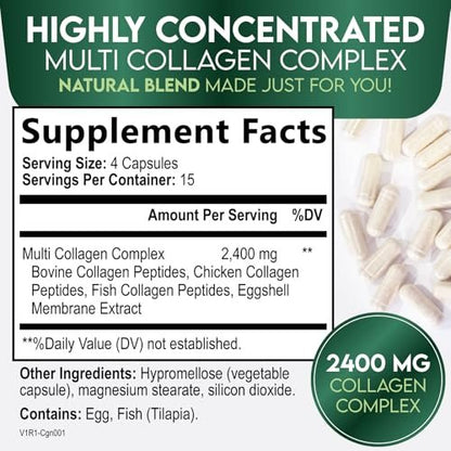 Multi-Kollagen Kapseln - Hydrolysierte Kollagenpeptide für Frauen & Männer - Typen I, II, III, V, X - Unterstützung für Haare, Haut & Nägel - Hergestellt in den USA - 60 Kapseln