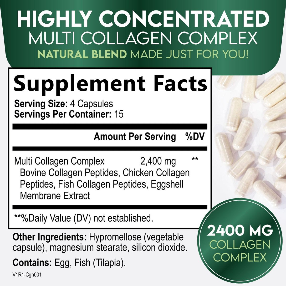 Multi-Kollagen Kapseln - Hydrolysierte Kollagenpeptide für Frauen & Männer - Typen I, II, III, V, X - Unterstützung für Haare, Haut & Nägel - Hergestellt in den USA - 60 Kapseln