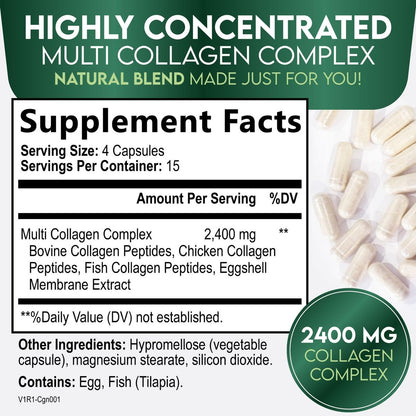 Multi-Kollagen Kapseln - Hydrolysierte Kollagenpeptide für Frauen & Männer - Typen I, II, III, V, X - Unterstützung für Haare, Haut & Nägel - Hergestellt in den USA - 60 Kapseln