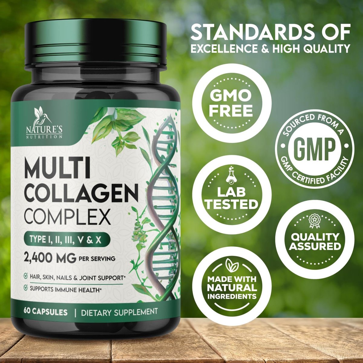 Multi-Kollagen Kapseln - Hydrolysierte Kollagenpeptide für Frauen & Männer - Typen I, II, III, V, X - Unterstützung für Haare, Haut & Nägel - Hergestellt in den USA - 60 Kapseln