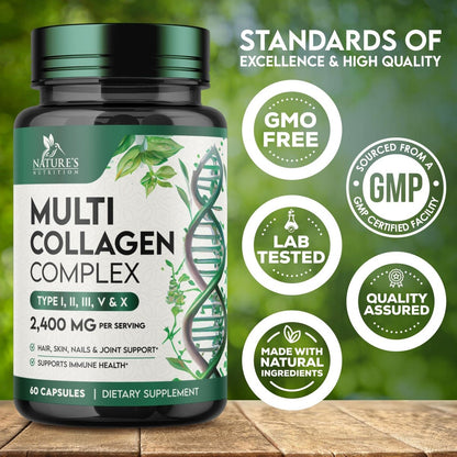 Multi-Kollagen Kapseln - Hydrolysierte Kollagenpeptide für Frauen & Männer - Typen I, II, III, V, X - Unterstützung für Haare, Haut & Nägel - Hergestellt in den USA - 60 Kapseln