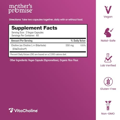 Schwangerschafts-Cholin 550 mg | 120 Kapseln | Unterstützt die Gehirnentwicklung des Babys & kognitive Funktion während Schwangerschaft & Stillzeit | Ultrareines Natal VitaCholine, veganes Cholinbitartrat für Frauen