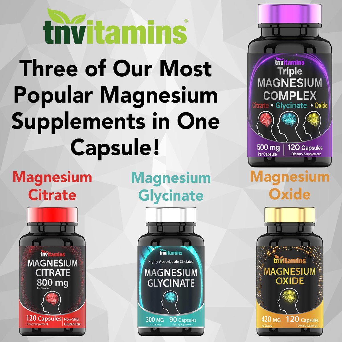 Triple Magnesium Complex 500 mg – Magnesiumglycinat, -citrat & -oxid – 120 Kapseln (4 Monate Vorrat!) – 1 Kapsel liefert 125 % des Tagesbedarfs – Nicht-GMO, hergestellt in den USA