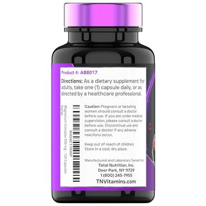 Triple Magnesium Complex 500 mg – Magnesiumglycinat, -citrat & -oxid – 120 Kapseln (4 Monate Vorrat!) – 1 Kapsel liefert 125 % des Tagesbedarfs – Nicht-GMO, hergestellt in den USA