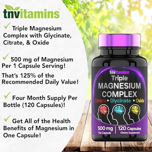 Triple Magnesium Complex 500 mg – Magnesiumglycinat, -citrat & -oxid – 120 Kapseln (4 Monate Vorrat!) – 1 Kapsel liefert 125 % des Tagesbedarfs – Nicht-GMO, hergestellt in den USA