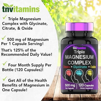 Triple Magnesium Complex 500 mg – Magnesiumglycinat, -citrat & -oxid – 120 Kapseln (4 Monate Vorrat!) – 1 Kapsel liefert 125 % des Tagesbedarfs – Nicht-GMO, hergestellt in den USA