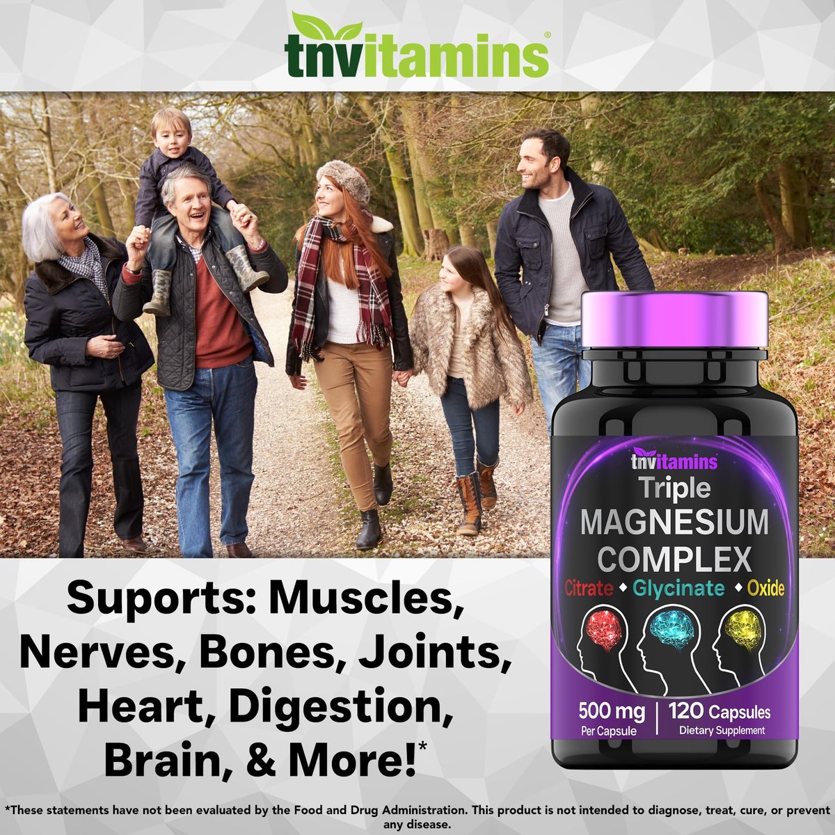 Triple Magnesium Complex 500 mg – Magnesiumglycinat, -citrat & -oxid – 120 Kapseln (4 Monate Vorrat!) – 1 Kapsel liefert 125 % des Tagesbedarfs – Nicht-GMO, hergestellt in den USA