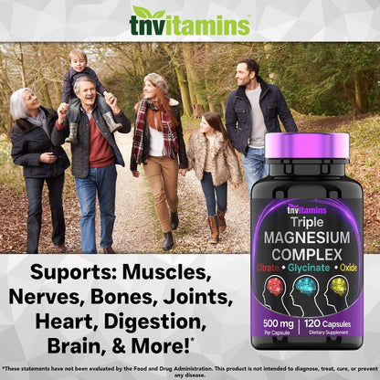 Triple Magnesium Complex 500 mg – Magnesiumglycinat, -citrat & -oxid – 120 Kapseln (4 Monate Vorrat!) – 1 Kapsel liefert 125 % des Tagesbedarfs – Nicht-GMO, hergestellt in den USA