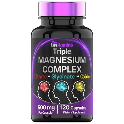 Triple Magnesium Complex 500 mg – Magnesiumglycinat, -citrat & -oxid – 120 Kapseln (4 Monate Vorrat!) – 1 Kapsel liefert 125 % des Tagesbedarfs – Nicht-GMO, hergestellt in den USA