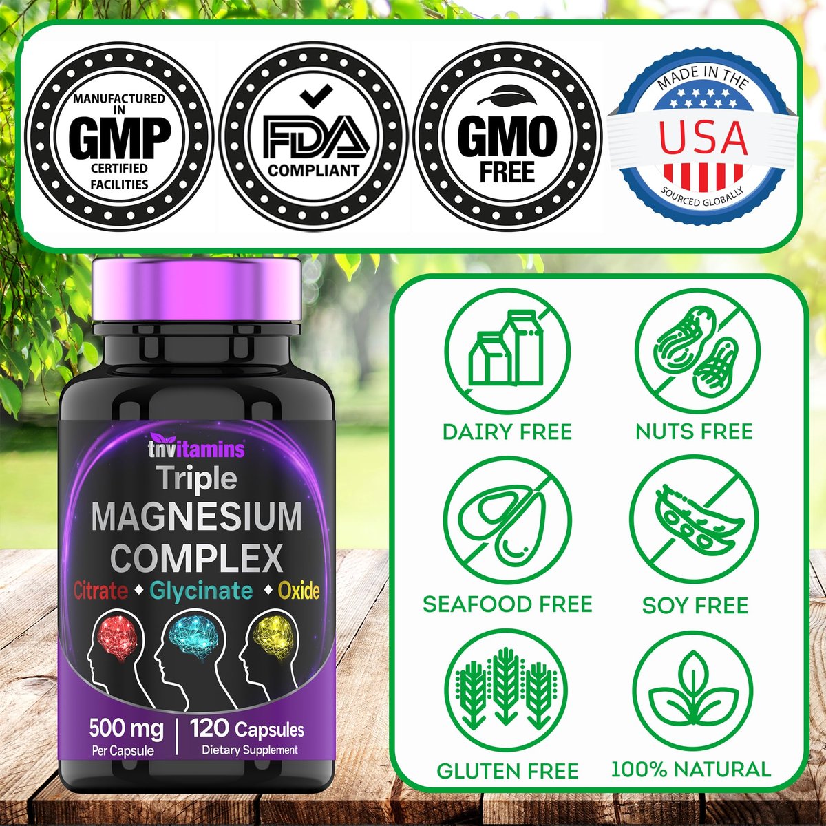 Triple Magnesium Complex 500 mg – Magnesiumglycinat, -citrat & -oxid – 120 Kapseln (4 Monate Vorrat!) – 1 Kapsel liefert 125 % des Tagesbedarfs – Nicht-GMO, hergestellt in den USA