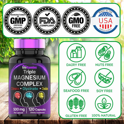 Triple Magnesium Complex 500 mg – Magnesiumglycinat, -citrat & -oxid – 120 Kapseln (4 Monate Vorrat!) – 1 Kapsel liefert 125 % des Tagesbedarfs – Nicht-GMO, hergestellt in den USA