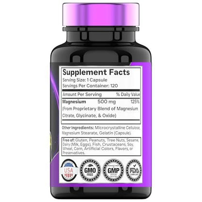 Triple Magnesium Complex 500 mg – Magnesiumglycinat, -citrat & -oxid – 120 Kapseln (4 Monate Vorrat!) – 1 Kapsel liefert 125 % des Tagesbedarfs – Nicht-GMO, hergestellt in den USA