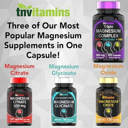 Triple Magnesium Complex 500 mg – Magnesiumglycinat, -citrat & -oxid – 120 Kapseln (4 Monate Vorrat!) – 1 Kapsel liefert 125 % des Tagesbedarfs – Nicht-GMO, hergestellt in den USA