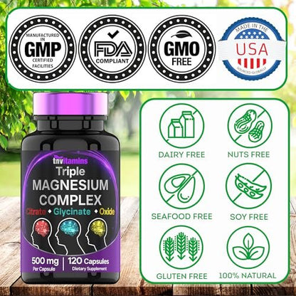 Triple Magnesium Complex 500 mg – Magnesiumglycinat, -citrat & -oxid – 120 Kapseln (4 Monate Vorrat!) – 1 Kapsel liefert 125 % des Tagesbedarfs – Nicht-GMO, hergestellt in den USA