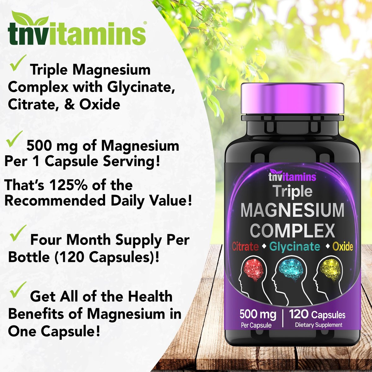 Triple Magnesium Complex 500 mg – Magnesiumglycinat, -citrat & -oxid – 120 Kapseln (4 Monate Vorrat!) – 1 Kapsel liefert 125 % des Tagesbedarfs – Nicht-GMO, hergestellt in den USA