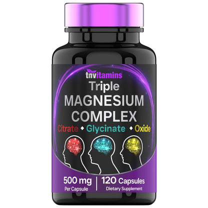 Triple Magnesium Complex 500 mg – Magnesiumglycinat, -citrat & -oxid – 120 Kapseln (4 Monate Vorrat!) – 1 Kapsel liefert 125 % des Tagesbedarfs – Nicht-GMO, hergestellt in den USA