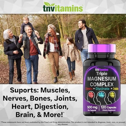 Triple Magnesium Complex 500 mg – Magnesiumglycinat, -citrat & -oxid – 120 Kapseln (4 Monate Vorrat!) – 1 Kapsel liefert 125 % des Tagesbedarfs – Nicht-GMO, hergestellt in den USA