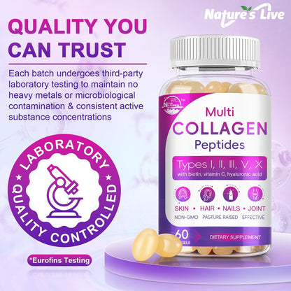 Multi-Kollagen-Peptide Softgel – Typ I, II, III, V, X – Hydrolysierte Kollagenpeptide mit Biotin, Vitamin C, Hyaluronsäure – Unterstützt Haut, Haare, Nägel – Weidehaltung, ohne Gentechnik – 60 Softgels, 1 Packung