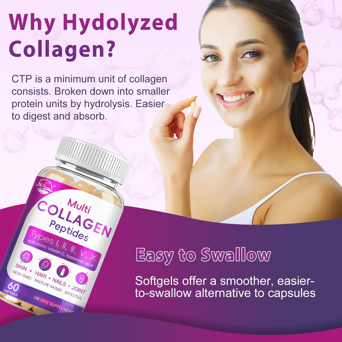 Multi-Kollagen-Peptide Softgel – Typ I, II, III, V, X – Hydrolysierte Kollagenpeptide mit Biotin, Vitamin C, Hyaluronsäure – Unterstützt Haut, Haare, Nägel – Weidehaltung, ohne Gentechnik – 60 Softgels, 1 Packung