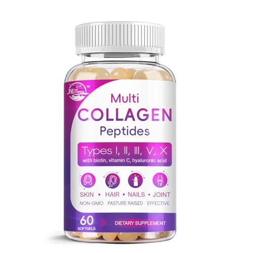 Multi-Kollagen-Peptide Softgel – Typ I, II, III, V, X – Hydrolysierte Kollagenpeptide mit Biotin, Vitamin C, Hyaluronsäure – Unterstützt Haut, Haare, Nägel – Weidehaltung, ohne Gentechnik – 60 Softgels, 1 Packung