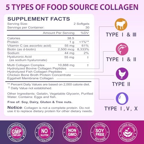 Multi-Kollagen-Peptide Softgel – Typ I, II, III, V, X – Hydrolysierte Kollagenpeptide mit Biotin, Vitamin C, Hyaluronsäure – Unterstützt Haut, Haare, Nägel – Weidehaltung, ohne Gentechnik – 60 Softgels, 1 Packung