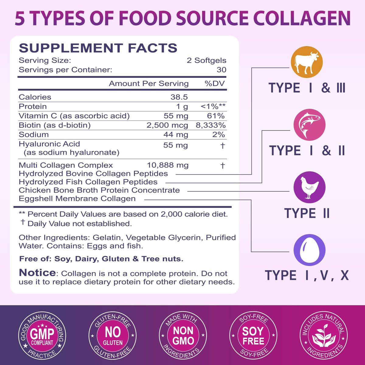 Multi-Kollagen-Peptide Softgel – Typ I, II, III, V, X – Hydrolysierte Kollagenpeptide mit Biotin, Vitamin C, Hyaluronsäure – Unterstützt Haut, Haare, Nägel – Weidehaltung, ohne Gentechnik – 60 Softgels, 1 Packung