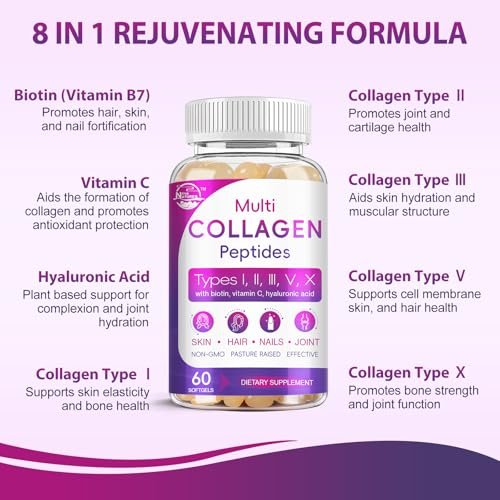 Multi-Kollagen-Peptide Softgel – Typ I, II, III, V, X – Hydrolysierte Kollagenpeptide mit Biotin, Vitamin C, Hyaluronsäure – Unterstützt Haut, Haare, Nägel – Weidehaltung, ohne Gentechnik – 60 Softgels, 1 Packung