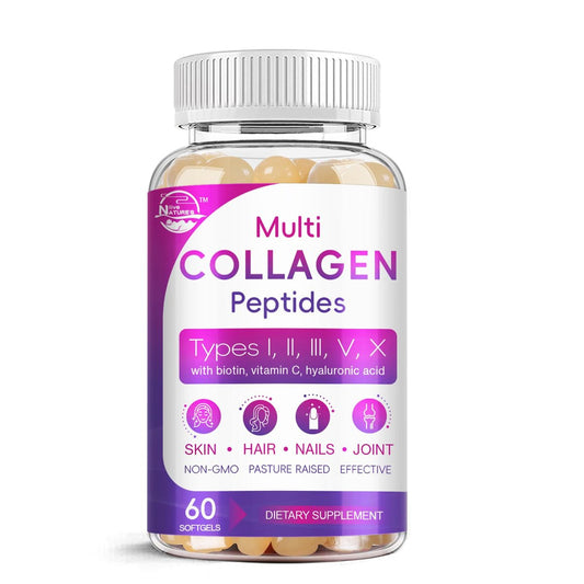 Multi-Kollagen-Peptide Softgel – Typ I, II, III, V, X – Hydrolysierte Kollagenpeptide mit Biotin, Vitamin C, Hyaluronsäure – Unterstützt Haut, Haare, Nägel – Weidehaltung, ohne Gentechnik – 60 Softgels, 1 Packung