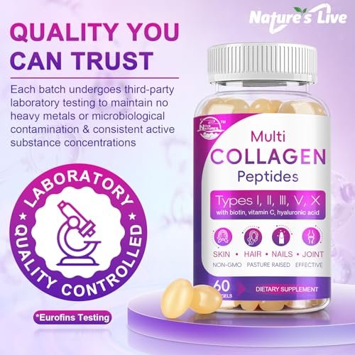 Multi-Kollagen-Peptide Softgel – Typ I, II, III, V, X – Hydrolysierte Kollagenpeptide mit Biotin, Vitamin C, Hyaluronsäure – Unterstützt Haut, Haare, Nägel – Weidehaltung, ohne Gentechnik – 60 Softgels, 1 Packung