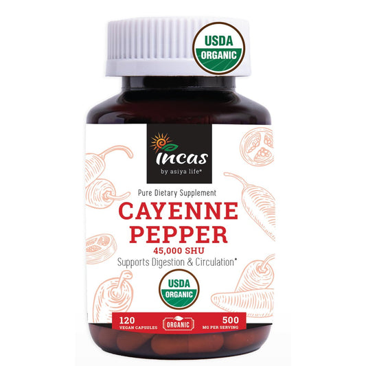 INCAS 100% USDA Bio Cayennepfeffer 120 Kapseln (500 mg) 45.000 SHU – Traditionelle Unterstützung für Verdauung und Kreislauf, reine Zutaten ohne Zusätze & Füllstoffe | 120 Portionen