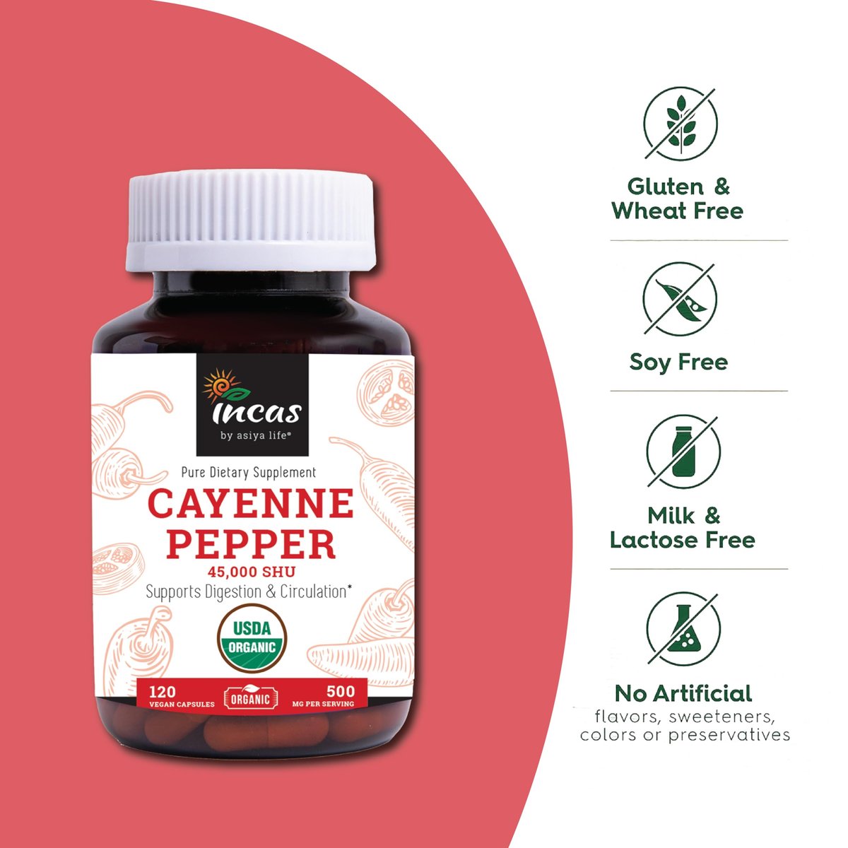 INCAS 100% USDA Bio Cayennepfeffer 120 Kapseln (500 mg) 45.000 SHU – Traditionelle Unterstützung für Verdauung und Kreislauf, reine Zutaten ohne Zusätze & Füllstoffe | 120 Portionen