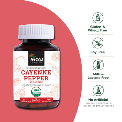 INCAS 100% USDA Bio Cayennepfeffer 120 Kapseln (500 mg) 45.000 SHU – Traditionelle Unterstützung für Verdauung und Kreislauf, reine Zutaten ohne Zusätze & Füllstoffe | 120 Portionen
