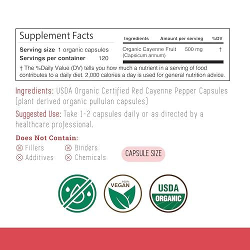 INCAS 100% USDA Bio Cayennepfeffer 120 Kapseln (500 mg) 45.000 SHU – Traditionelle Unterstützung für Verdauung und Kreislauf, reine Zutaten ohne Zusätze & Füllstoffe | 120 Portionen