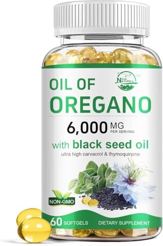 Nature's live Oreganoöl mit Schwarzkümmelöl, 2-in-1 Oregano Nahrungsergänzungsmittel für die Immungesundheit, mit hohem Carvacrol- & Thymoquinon-Gehalt, Non-GMO, 60 Softgels, 1 Packung