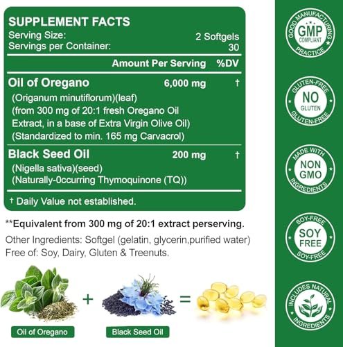 Nature's live Oreganoöl mit Schwarzkümmelöl, 2-in-1 Oregano Nahrungsergänzungsmittel für die Immungesundheit, mit hohem Carvacrol- & Thymoquinon-Gehalt, Non-GMO, 60 Softgels, 1 Packung
