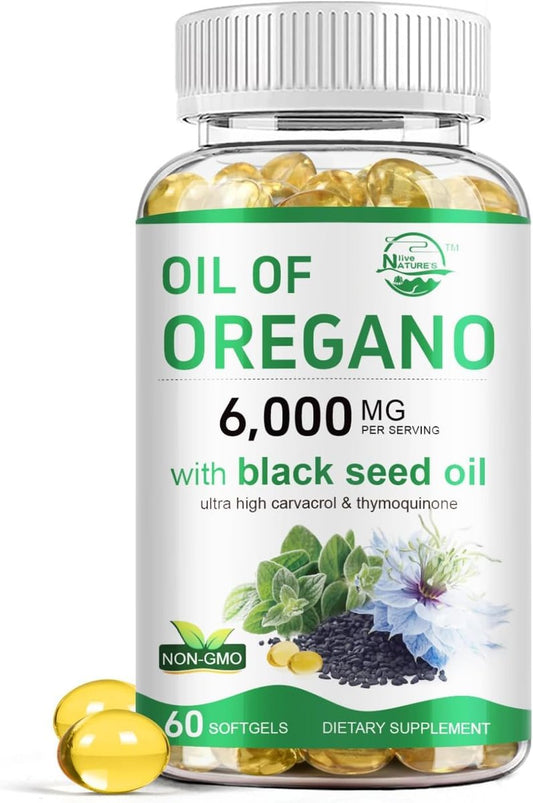 Nature's live Oreganoöl mit Schwarzkümmelöl, 2-in-1 Oregano Nahrungsergänzungsmittel für die Immungesundheit, mit hohem Carvacrol- & Thymoquinon-Gehalt, Non-GMO, 60 Softgels, 1 Packung