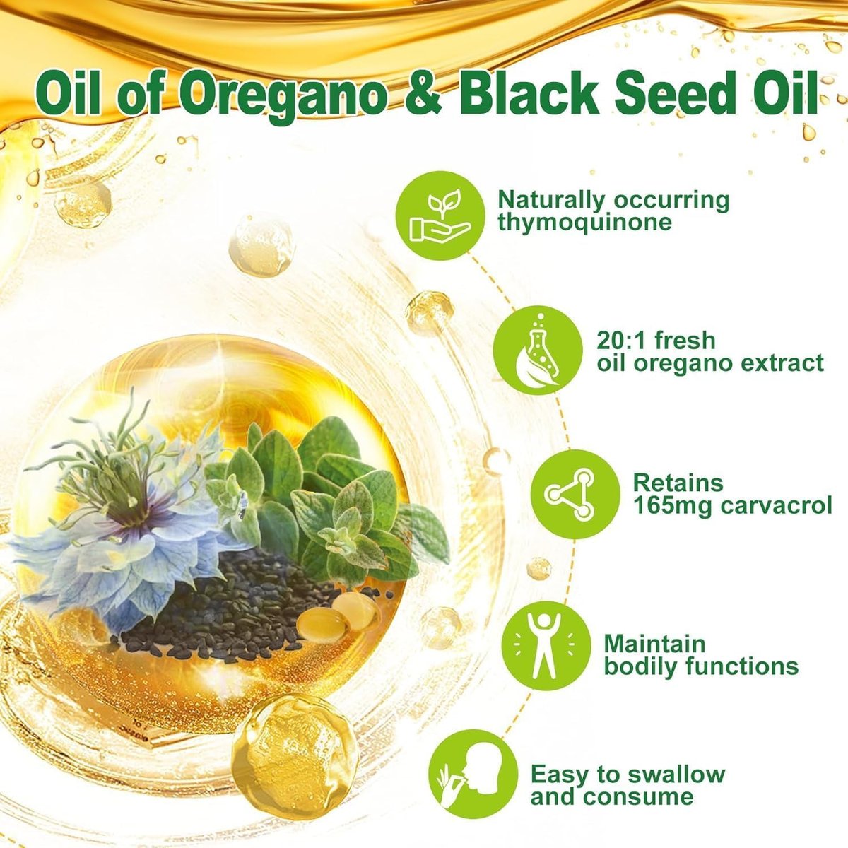 Nature's live Oreganoöl mit Schwarzkümmelöl, 2-in-1 Oregano Nahrungsergänzungsmittel für die Immungesundheit, mit hohem Carvacrol- & Thymoquinon-Gehalt, Non-GMO, 60 Softgels, 1 Packung