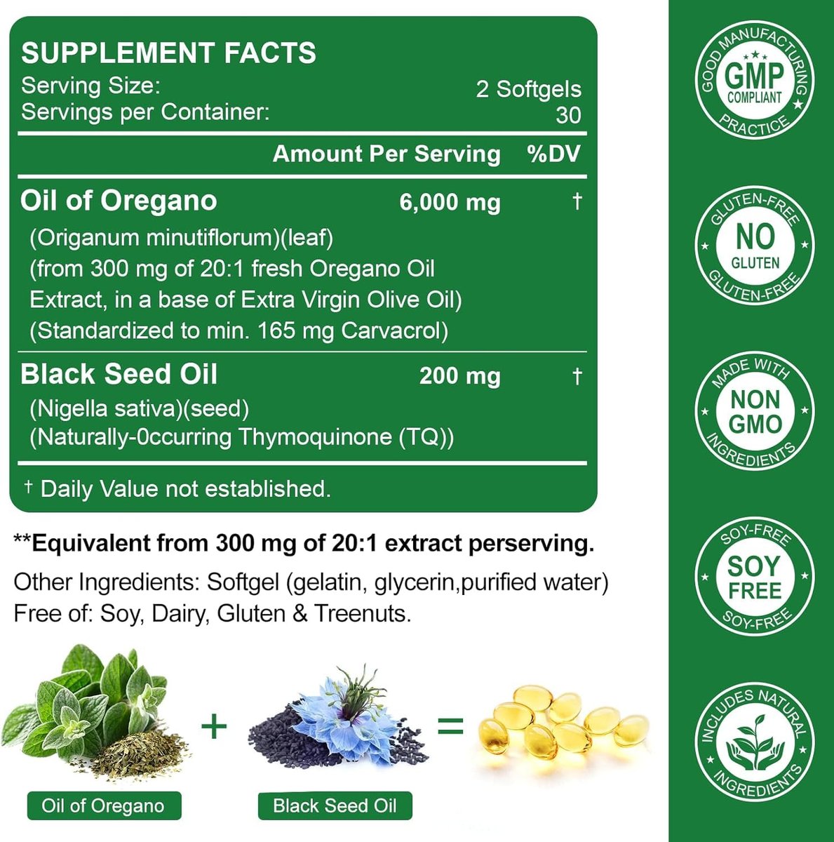 Nature's live Oreganoöl mit Schwarzkümmelöl, 2-in-1 Oregano Nahrungsergänzungsmittel für die Immungesundheit, mit hohem Carvacrol- & Thymoquinon-Gehalt, Non-GMO, 60 Softgels, 1 Packung