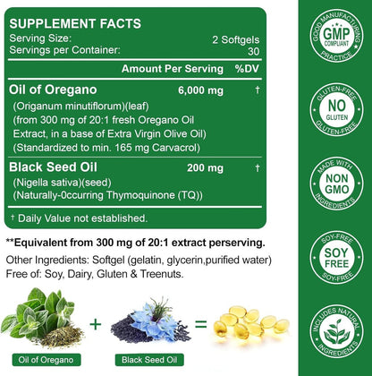 Nature's live Oreganoöl mit Schwarzkümmelöl, 2-in-1 Oregano Nahrungsergänzungsmittel für die Immungesundheit, mit hohem Carvacrol- & Thymoquinon-Gehalt, Non-GMO, 60 Softgels, 1 Packung