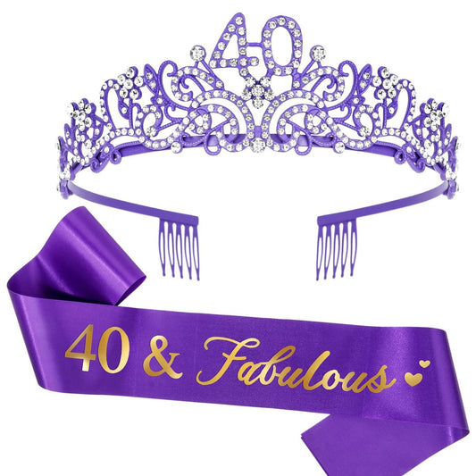 Ondder Lila 40. Geburtstag Tiara und Schärpe für Frauen – 40 & Fabelhaft Geburtstagsschärpe und Krone Set – Mode-Stirnband – Damen-Kostümreif – 2 Stück