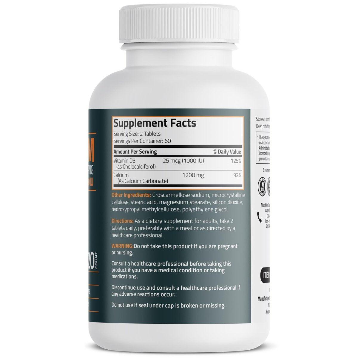 Bronson Calcium 1200 mg pro Portion plus Vitamin D3 1000 IE Hochdosiert, Non-GMO, 120 Tabletten