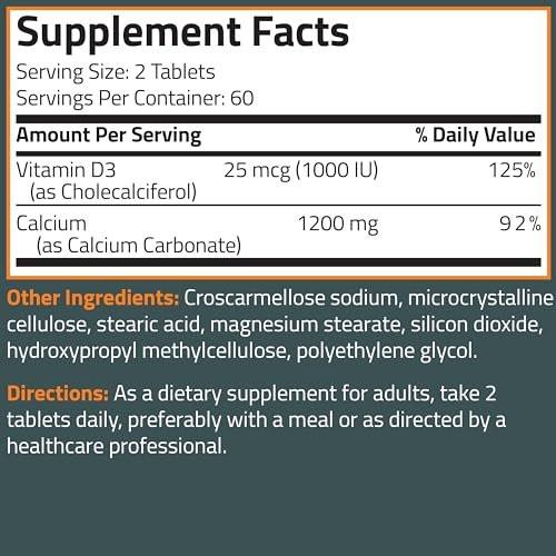 Bronson Calcium 1200 mg pro Portion plus Vitamin D3 1000 IE Hochdosiert, Non-GMO, 120 Tabletten