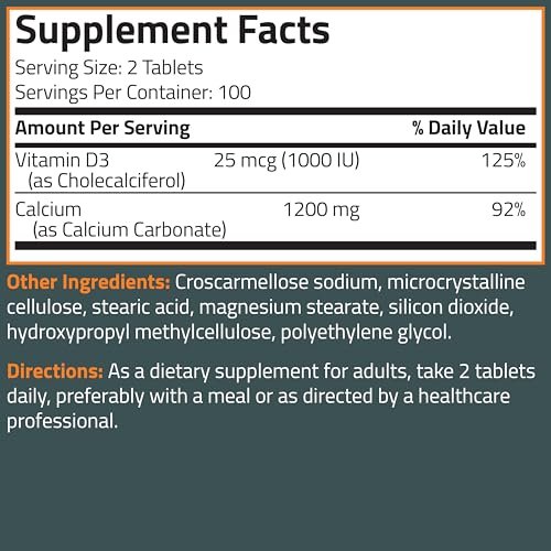 Bronson Calcium 1200 mg pro Portion plus Vitamin D3 1000 IE Hochdosiert, Non-GMO, 200 Tabletten