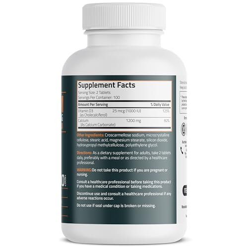 Bronson Calcium 1200 mg pro Portion plus Vitamin D3 1000 IE Hochdosiert, Non-GMO, 200 Tabletten