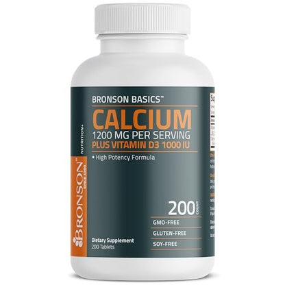 Bronson Calcium 1200 mg pro Portion plus Vitamin D3 1000 IE Hochdosiert, Non-GMO, 200 Tabletten