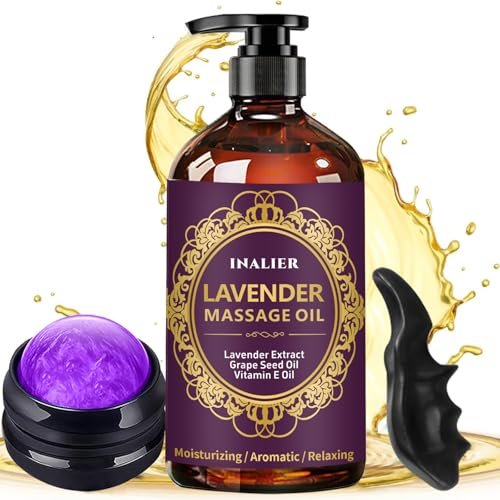 INALIER Massageöl mit Lavendelduft, inkl. Massageroller & Daumensparer, 260 ml – Entspannendes Öl für Massagen, Wellness-Geschenkset für Ihn & Sie