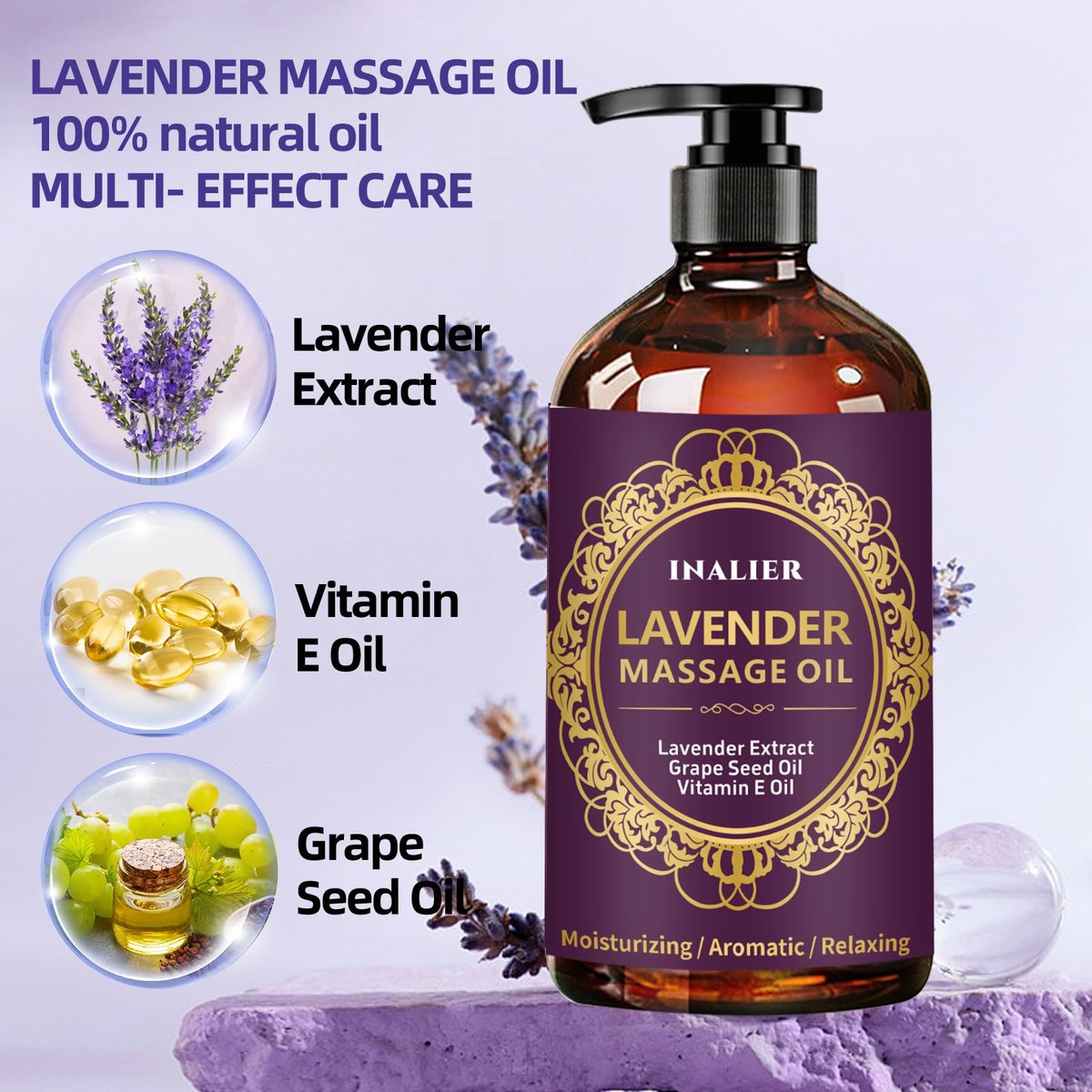 INALIER Massageöl mit Lavendelduft, inkl. Massageroller & Daumensparer, 260 ml – Entspannendes Öl für Massagen, Wellness-Geschenkset für Ihn & Sie
