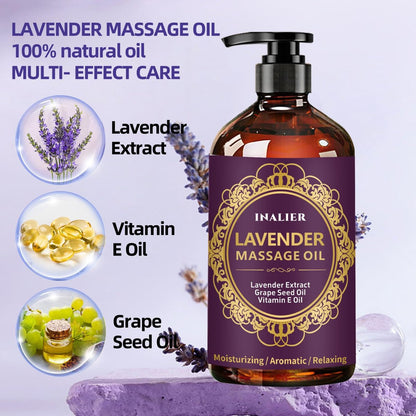 INALIER Massageöl mit Lavendelduft, inkl. Massageroller & Daumensparer, 260 ml – Entspannendes Öl für Massagen, Wellness-Geschenkset für Ihn & Sie