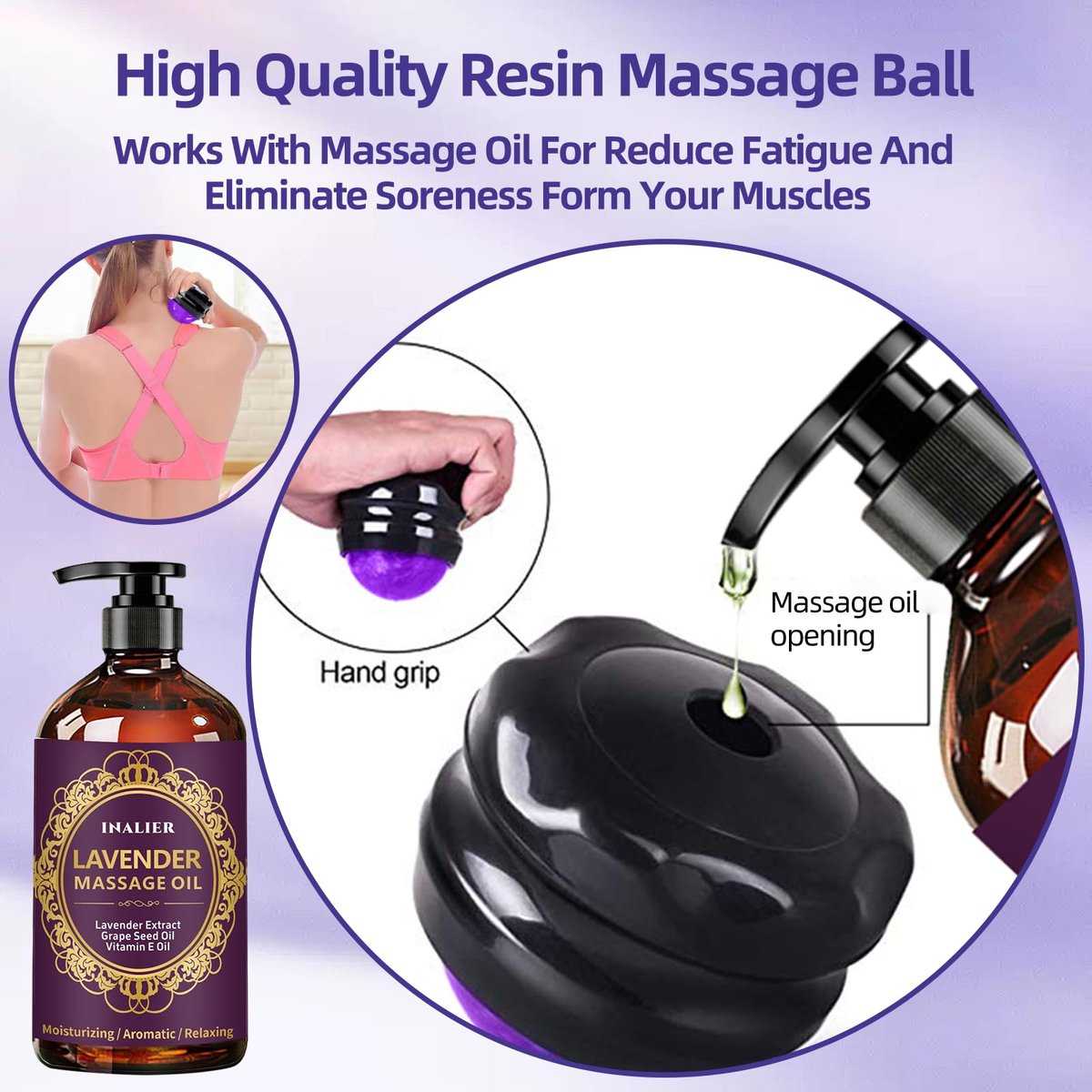 INALIER Massageöl mit Lavendelduft, inkl. Massageroller & Daumensparer, 260 ml – Entspannendes Öl für Massagen, Wellness-Geschenkset für Ihn & Sie